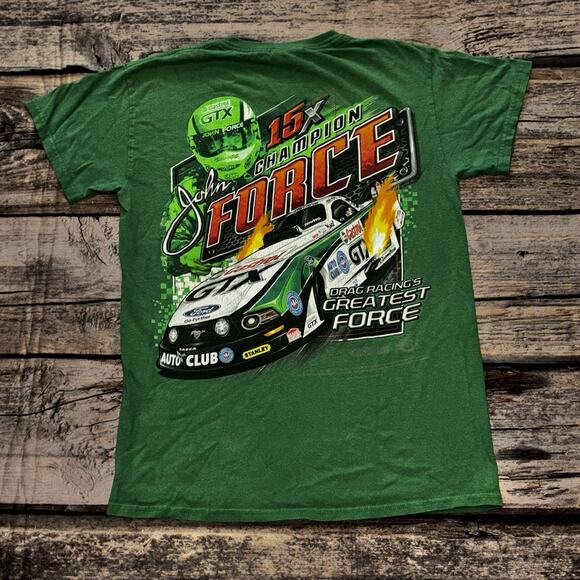 NASCAR T-Shirt Mens Small Green John Force 15X Champion Double Sided Drag Racing - Picture 1 of 8